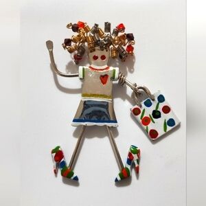 Carette by Ganz Enamel Pin Curly Hair Silver Girl Stiletto Heels Shopping Bag